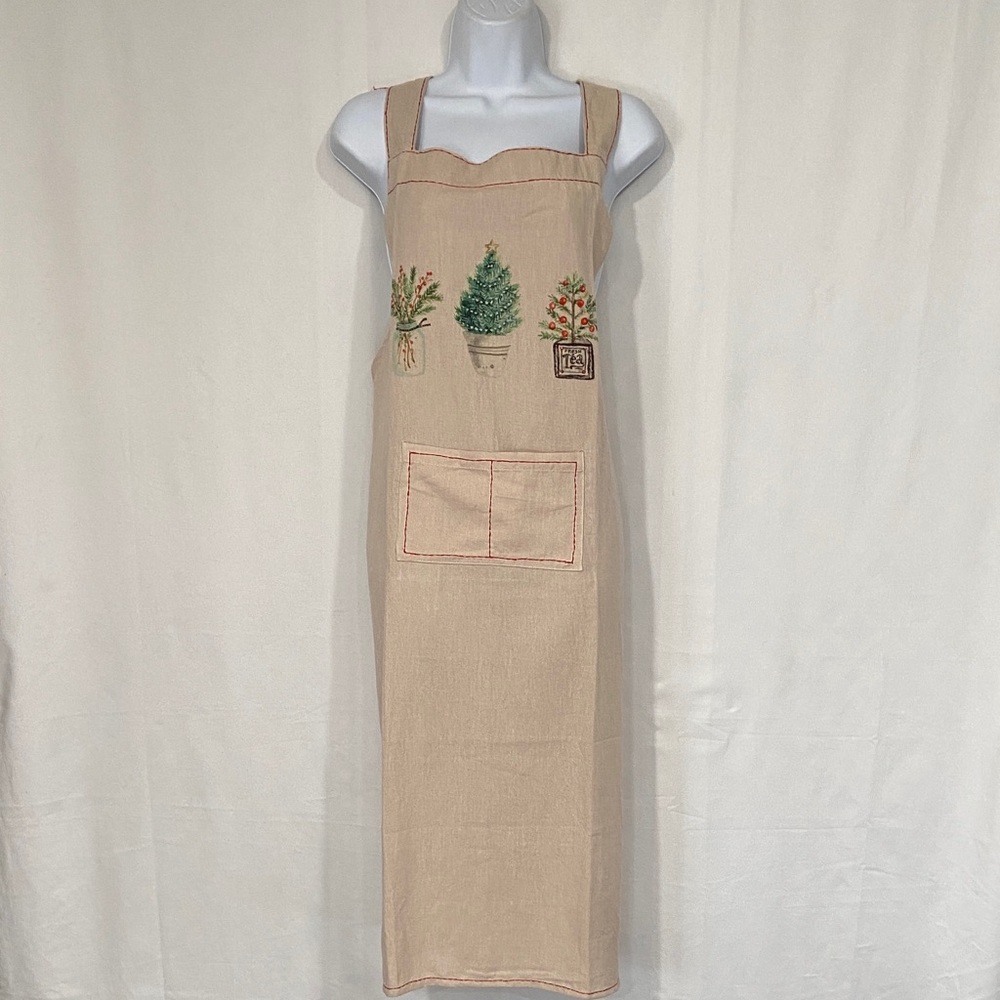 Creative Co-Op Holiday Cotton Cross-Back Apron – Potted Trees Design